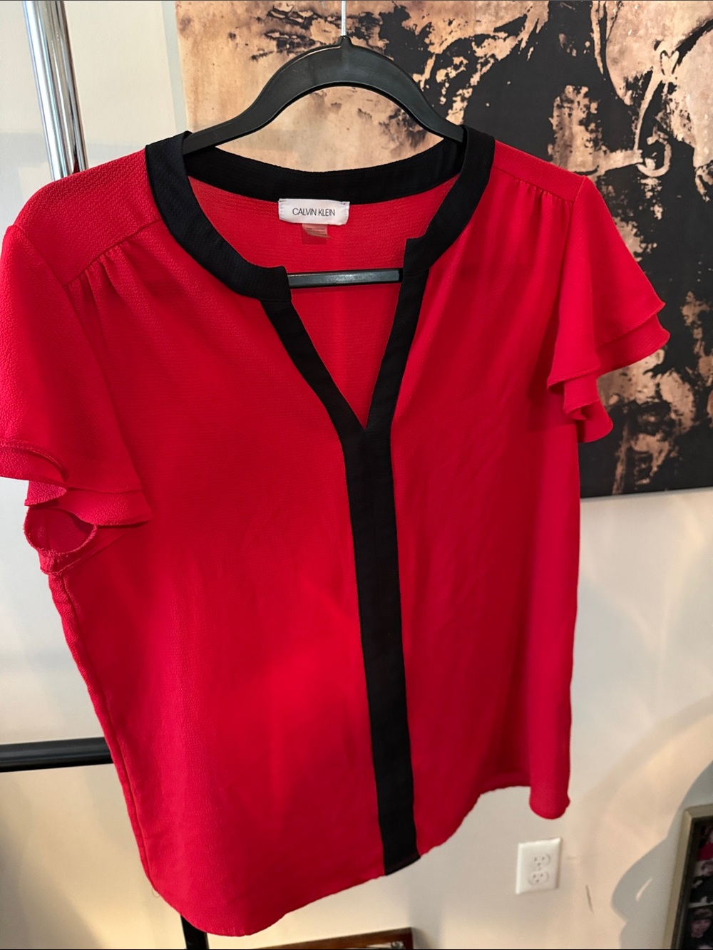 Calvin Klein Red Blouse with Black Trim and Flutter Sleeves